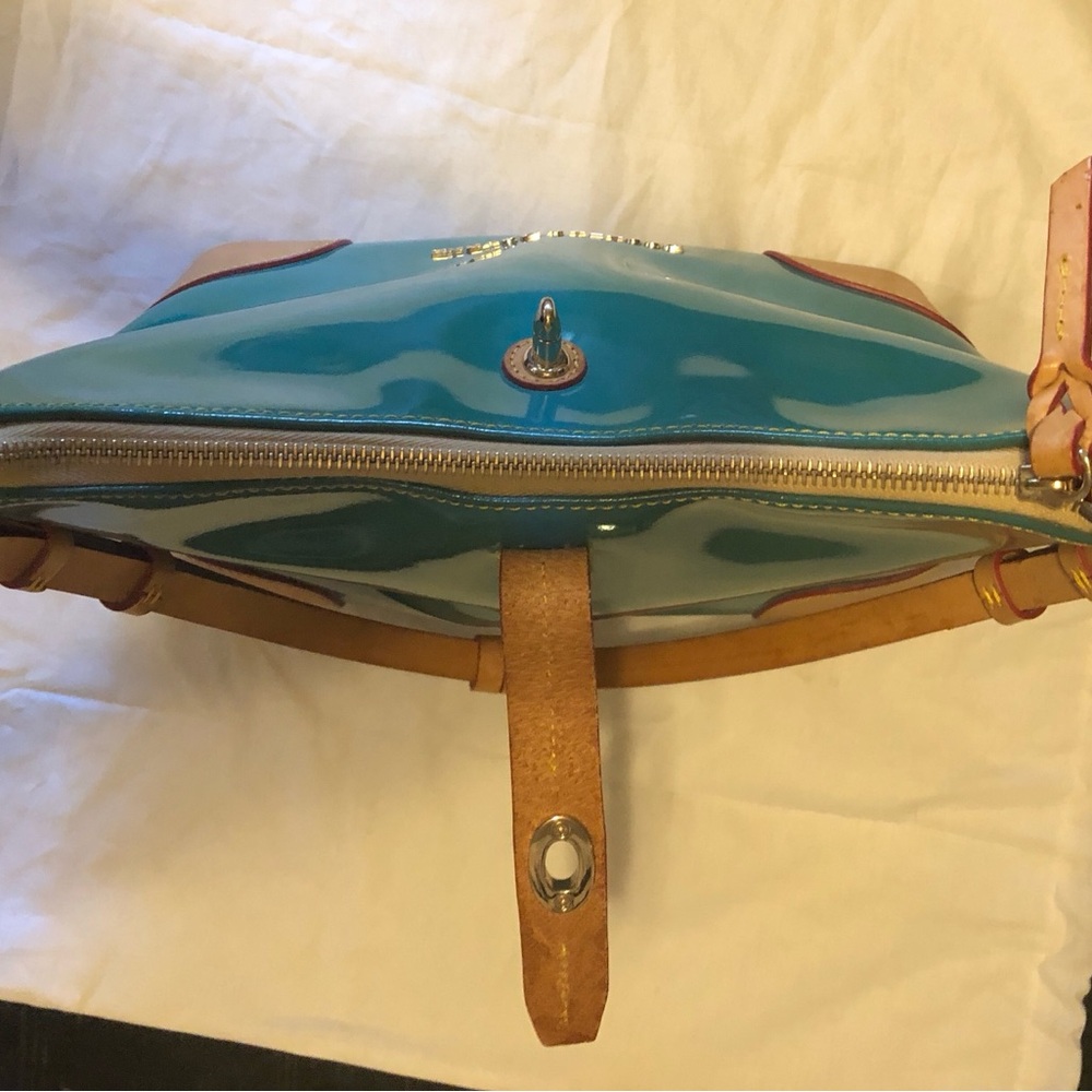 Dooney & Bourke Teal Blue Patent Leather and Tan Vachetta Leather Shoulder Bag - Picture 8 of 11